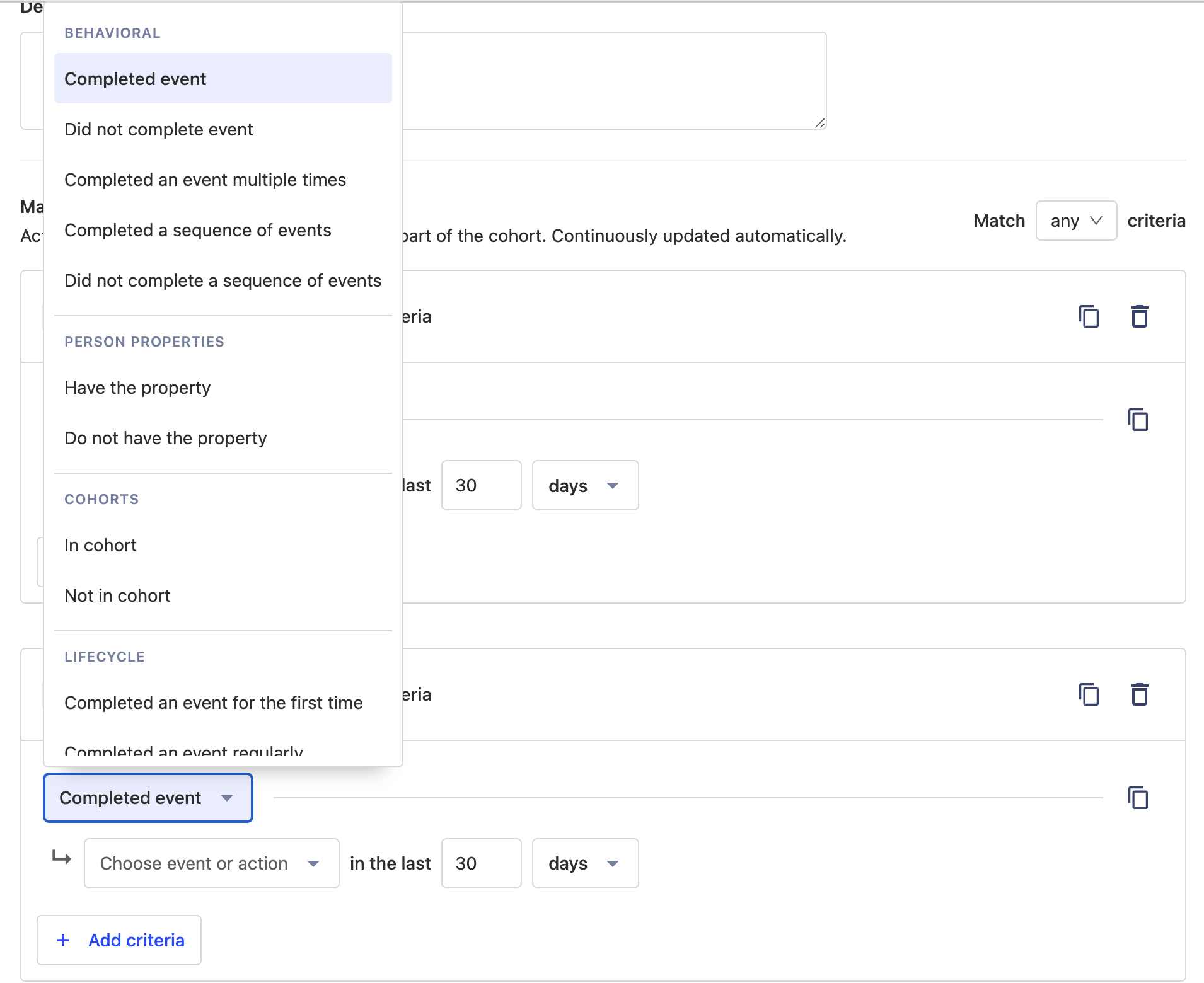 Different criteria options for creating a dynamic cohort