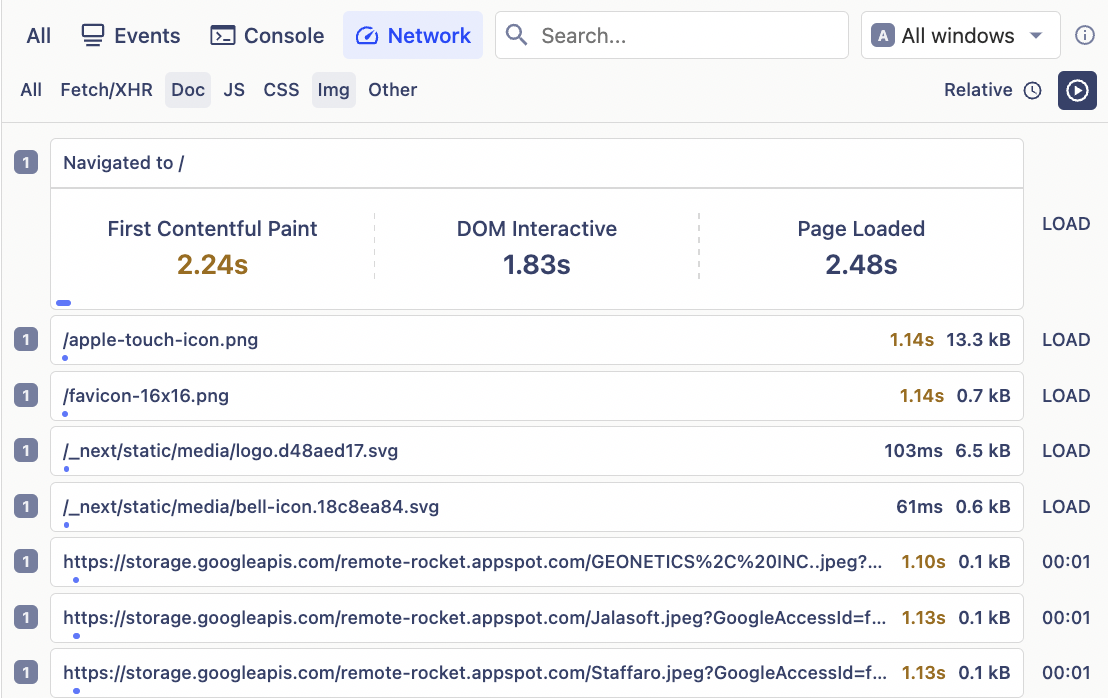 A screenshot of the network tab filtered to show image requests only. The list shows small images that are taking more than one second each to download.